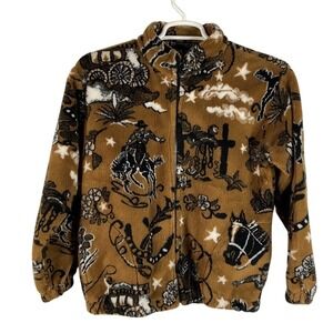 Outback Trading Co Kids Western Cowboy Fleece Jacket XL Brown Cowboy Print Zip
